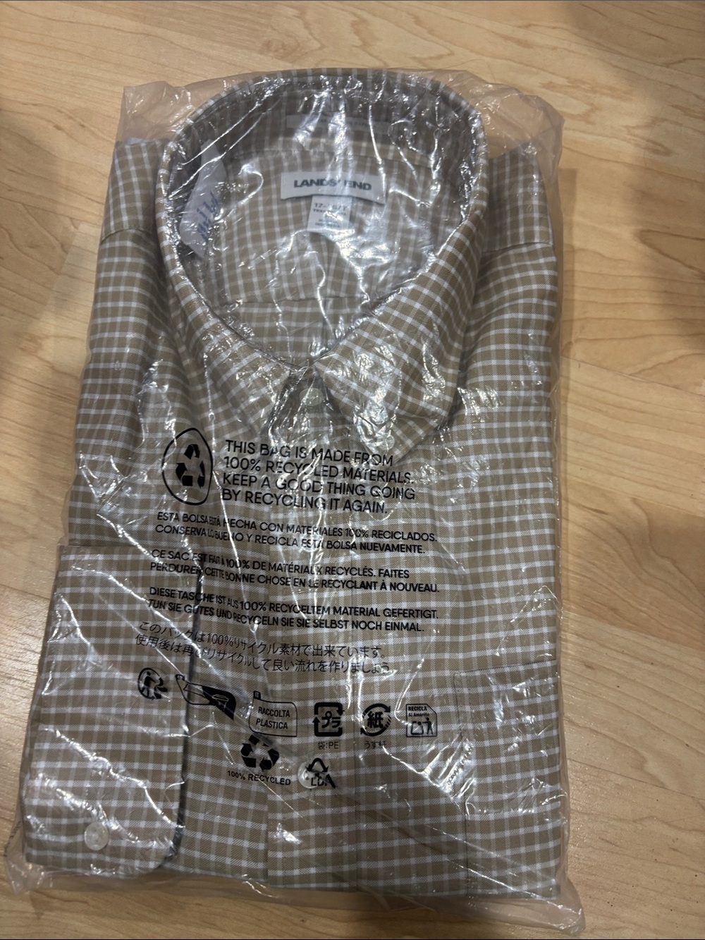 Lands' End Men's Light Brown and White Check Button-Down Shirt Traditional Fit
